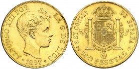 1897*1897. Alfonso XIII. SGV. 100 pesetas. (Cal. 1). 32,26 g. Leves golpecitos. EBC-/EBC.