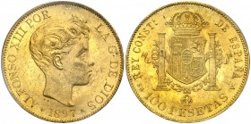 1897*1897. Alfonso XIII. SGV. 100 pesetas. (Cal. 1). En cápsula de la PCGS como MS61, nº 569166.61/34187050. Leves marquitas. EBC.