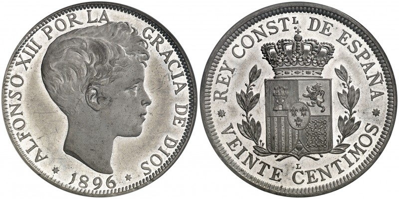1896. Alfonso XIII. Londres. 20 céntimos. Prueba de Reginald Huth en estaño. En ...