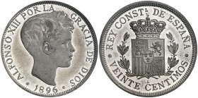 1896. Alfonso XIII. Londres. 20 céntimos. Prueba de Reginald Huth en estaño. En cápsula de la NGC como MS62. S/C-.