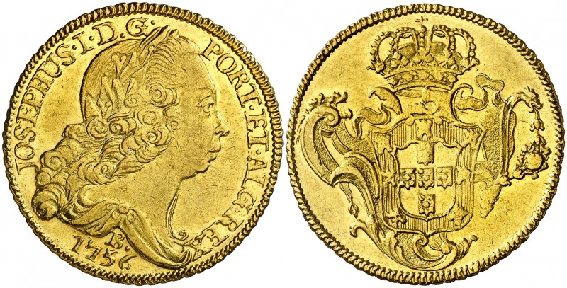 1756. Brasil. José I. B (Bahía). 6400 reis. (Fr. 69) (Gomes 54.07). 14,19 g. AU....