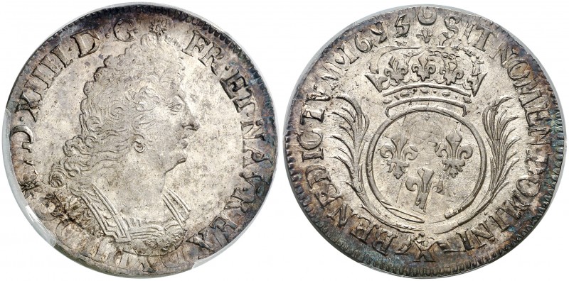 1695. Francia. Luis XIV. X (Amiens). 1/2 ecu. (Kr. 295.22). AG. En cápsula de la...