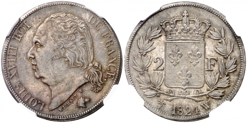 1824. Francia. Luis XVIII. W (Lille). 2 francos. (Kr. 710.12). AG. En cápsula de...