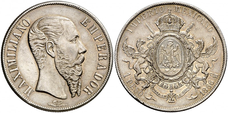 * 1866. México. Maximiliano. México. 1 peso. (Kr. 388.1). 26,64 g. AG. Bella. Mo...