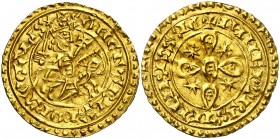 Portugal. Sancho I (1185-1211). Morabetino (180 dinheiros). (Fr. 1) (Gomes 04.08). 3,85 g. AU. Ligeramente alabeada. Muy bella. Primera moneda de oro ...