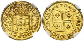 1704. Portugal. Pedro II. 1000 reis. (Fr. 80) (Gomes 93.09). AU. En cápsula de la NGC como AU58, nº 3880613-003. Atractiva. Rara. EBC.
