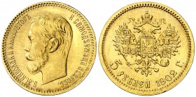 1902. Rusia. Nicolás II. San Petersburgo. AP. 5 rublos. (Fr. 180) (Kr. 62). 4,29 g. AU. EBC+.