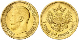 1897. Rusia. Nicolás II. . 7 1/2 rublos. (Fr. 178) (Kr. 63). 6,43 g. AU. MBC+.