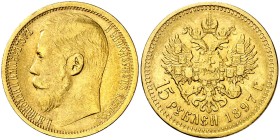 1897. Rusia. Nicolás II. AI. 15 rublos. (Fr. 177) (Kr. 65.2). 12,86 g. AU. MBC.