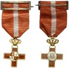 (1868-1871). Al mérito militar. Cruz de 1ª clase. (Pérez Guerra 154). 9,49 g. 25x25 mm. Con corona, anilla, cinta y pasador. EBC+.
