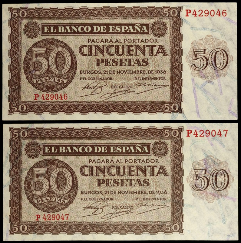 1936. Burgos. 50 pesetas. (Ed. D21a) (Ed. 420a). 21 de noviembre. Pareja correla...