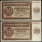 1936. Burgos. 50 pesetas. (Ed. D21a) (Ed. 420a). 21 de noviembre. Pareja correlativa, serie P. Raros. S/C-.