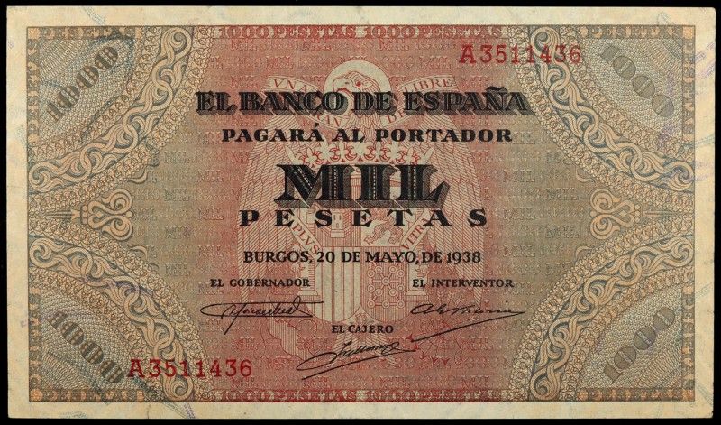 1938. Burgos. 1000 pesetas. (Ed. D35) (Ed. 434). 20 de mayo. Leve doblez. Ex Col...