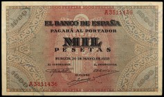 1938. Burgos. 1000 pesetas. (Ed. D35) (Ed. 434). 20 de mayo. Leve doblez. Ex Colección Cervantes 08/11/2018, nº 1322. Raro y más así. EBC-.