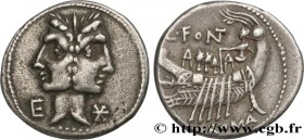 FONTEIA
Type : Denier 
Date : 114-113 AC. 
Mint name / Town : Rome 
Metal : silver 
Millesimal fineness : 950  ‰
Diameter : 19  mm
Orientation dies : ...