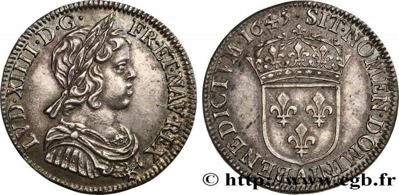 LOUIS XIV "THE SUN KING"
Type : Quart d'écu à la mèche courte 
Date : 1645 
Mint...