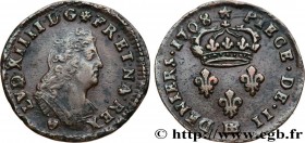 LOUIS XIV "THE SUN KING"
Type : II deniers, légende latine 
Date : 1708 
Mint name / Town : Strasbourg 
Quantity minted : 1985509 
Metal : copper 
Dia...