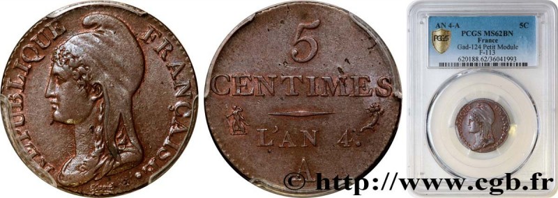 DIRECTOIRE
Type : 5 centimes Dupré, petit module 
Date : An 4 (1795-1796) 
Mint ...