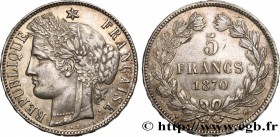 GOUVERNEMENT DE LA DÉFENSE NATIONALE
Type : 5 francs Cérès, sans légende 
Date : 1870 
Mint name / Town : Bordeaux 
Quantity minted : inclus 
Metal : ...