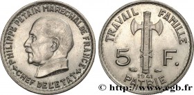 FRENCH STATE
Type : 5 francs Pétain 
Date : 1941 
Quantity minted : 13782000 
Metal : copper nickel 
Diameter : 21,95  mm
Orientation dies : 6  h.
Wei...