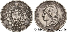 ARGENTINA
Type : 50 Centavos 
Date : 1883 
Quantity minted : 2273000 
Metal : silver 
Millesimal fineness : 900  ‰
Diameter : 30,5  mm
Orientation die...