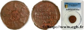 SWITZERLAND - REPUBLIC OF GENEVA
Type : Sol 
Date : 1590 
Mint name / Town : Genève 
Quantity minted : - 
Metal : copper 
Diameter : 22  mm
Orientatio...