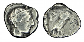 ATTICA. Athens. Tetradrachm (Circa 454-404 BC).
Obv: Helmeted head of Athena right, with frontal eye. Rev: AΘE. Owl standing right, head facing; olive...