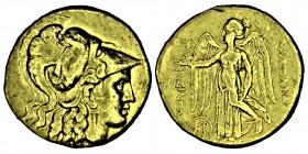 Kings of Macedon. Alexander III 'the Great'. Stater. .(336-333) BC.
Macedonia. (Cy-1264). (Müller-735). Obv.: Helmeted head of Athena right, wearing C...