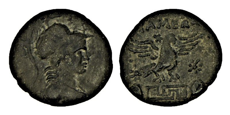 PHRYGIA, APAMEE, AE bronz, (133-48) BC.
 J.-C. Right: B. helmet, draped Athena o...