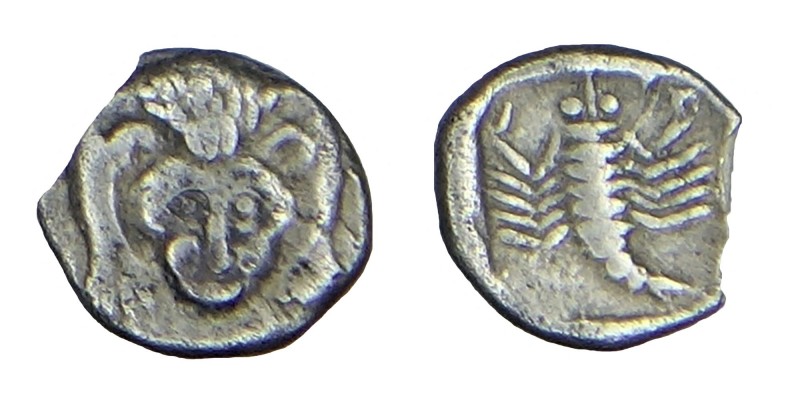 obol, (521 /520 BC) 
obv. Facing lion's forepart rev. Scorpion within incuse squ...