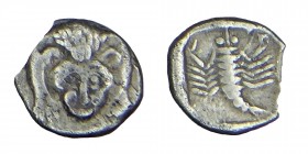 obol, (521 /520 BC) 
obv. Facing lion's forepart rev. Scorpion within incuse square, Condition: nıce, very, good
0,50 gr. 7,7 mm.