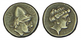 LESBOS, Mytilene. EL Hekte. Circa (377-326) BC.
 (Electrum). Head of Kabeiros to right, wearing wreathed cap; two stars flanking. Rev. Head of Perseph...