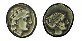 Lesbos. MYTILENE. El-Hekte. (377/326) BC.
elektrum, Apollo head r. with laurel wreath // In line square: Artemis Kopf r., behind it snake. Condition: ...