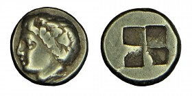 Lonia. Phokaia. electrum, (477-388) BC.
Vs: Head of juvenile Dionysus with ivy wreath connections, including seal after connections.
Rs: Four-part squ...