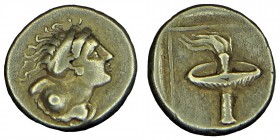 LESBOS, Mytilene. EL Hekte.Circa (377-326) BC.
Obv: Half length bust of Maenad right, with hair in sphendone.
Rev: Race torch within linear square bor...