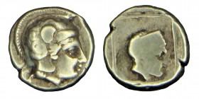 LESBOS. Mytilene. EL Hekte, Circa (412-378) BC.
Electrum Helmeted head of Athena to right. Rev. Head of Artemis-Kybele to right, wearing stephane; all...