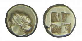 IONIA. Phokaia. EL Hekte Circa (478-387). BC.
Obv: Female head left, with bands in hair; below, small seal left. Rev: Quadripartite incuse square. Bod...