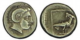 Lesbos, Mytilene. EL Hekte. elektrum, Circa (377-326) BC.
 Obverse: Head of Apollo Karneios right, with horn of Ammon. Reverse: Eagle standing right, ...