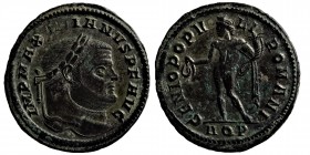 Maximianus, Follis, (286-305)
explanation: Æ Follis. Aquileia, AD 299. Laureate head r. R/ Genius standing l., holding patera and cornucopiae; Conditi...