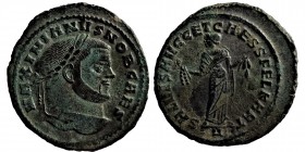 Maximianus, Follis, (286-305)
explanation: Æ Follis. Aquileia, AD 299. Laureate head r. R/ Genius standing l., holding patera and cornucopiae; Conditi...