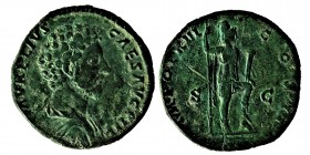 Marcus Aurelius (161-180) AD.
Sestertius, AVRELIVS CAES AVG P II F, right bust to the right / TR POT XIII COS II SC, Virtus standing on the right, foo...
