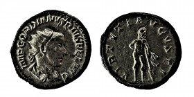Gordianus III, Antoninianus (238-244 AD) 
Obv. IMP GORDIANVS PIVS FEL AVG, radiate, draped and cuirassed bust to right, seen from behind.
Rev. VIRTVS ...