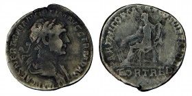 CAES NERVA TRAIAN, (98-117)
Sılver.drachm, Head with laurel wreath to the right / P M TR P COS VI P P SPQR Fortuna sits to the left with rudder and ho...
