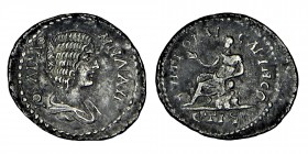 Julia Domna, Augusta, (193/217 AD)
AR Drachm,septimius severus RY 16 date (AD 208/9). seated on the rocks, right / arg is divided into: ET IS (date) e...