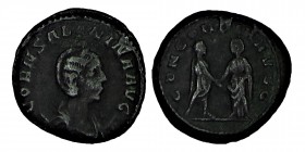 Salonına. (AD 255-258)
Salonina AR Antoninianus. Asia, CORN SALONINA AVG, diademed and draped bust right on crescent / CONCORDIA AVGG, Emperor standin...