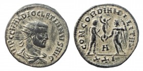 Diocletianus, Antoninianus (284/305) AD. AE
Obv. IMP CC VAL DIOCLETIANUS AVG Radiate, draped and curiassed bust right, seen from behind. Rev. CONCORDI...