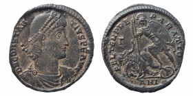 Constantius II. AD 337-361.
 Æ CentenionalisCyzicus, 6th officina. Struck AD 351-354. Pearl-diademed, draped, and cuirassed bust right / Soldier to le...