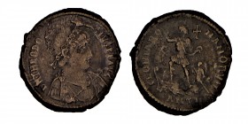 Theodosius I. (A.D. 379-395)
AE 2 Majorina Antioch mint, struck A.D. (383-386)
 [D N THE]ODO-SIVS P F AVG, pearl-diadem helmeted, draped and cuirassed...