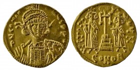Constantinus IV, (668-685) AD. 
with Heraclius and Tiberius. AV-Solidus, 674/681, Constantinopolis; Armored bust of v. v. with helmet, spear and shiel...