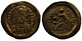 THEODOSIUS II, Solidus, (402-450)
Constantinople, 5th workshop c. 430-440 (Av -RIC 257. Graffiti on the obverse. TTB
4,47 gr. 21,4 mm.
